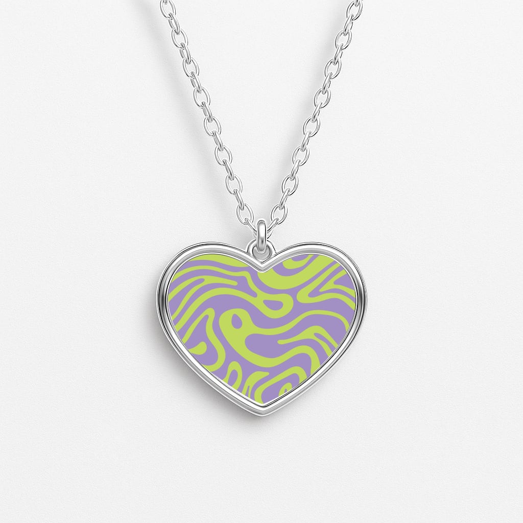 Green And Purple Waves Pattern Heart Necklace