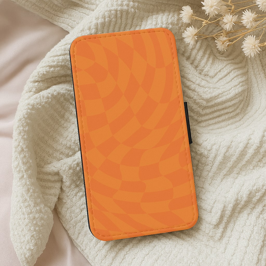 Orange Trippy Checkerboard Pattern Wallet Phone Case