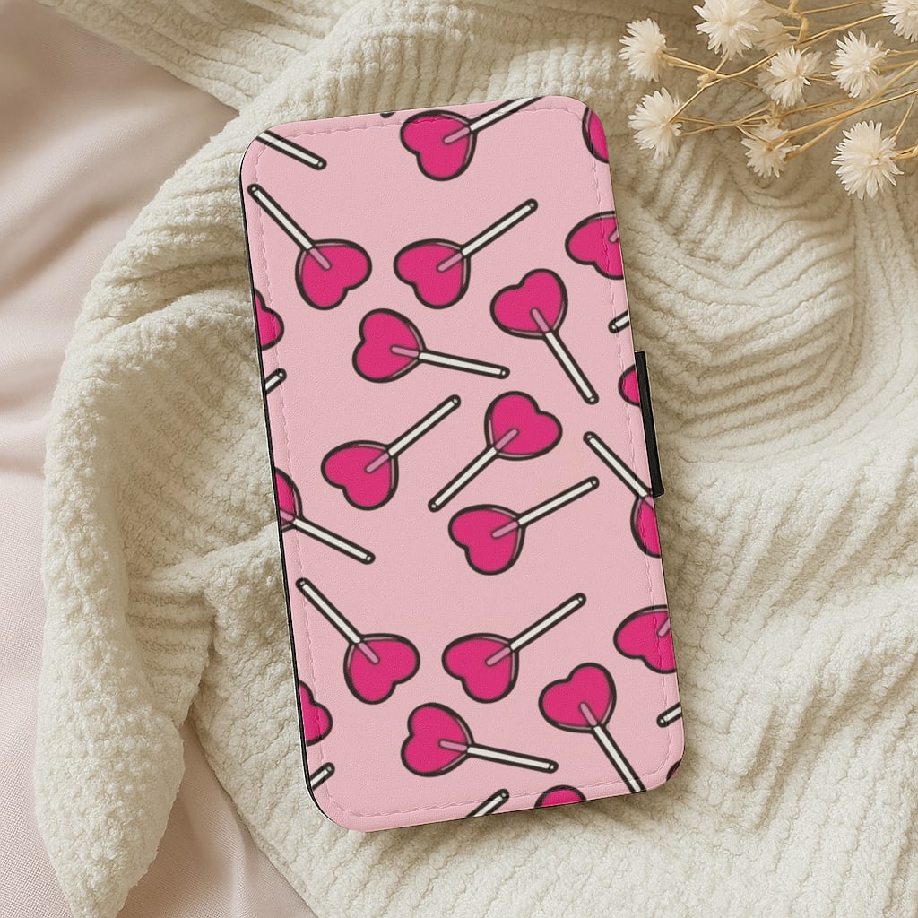 Cherry Heart Lollipops Wallet Phone Case