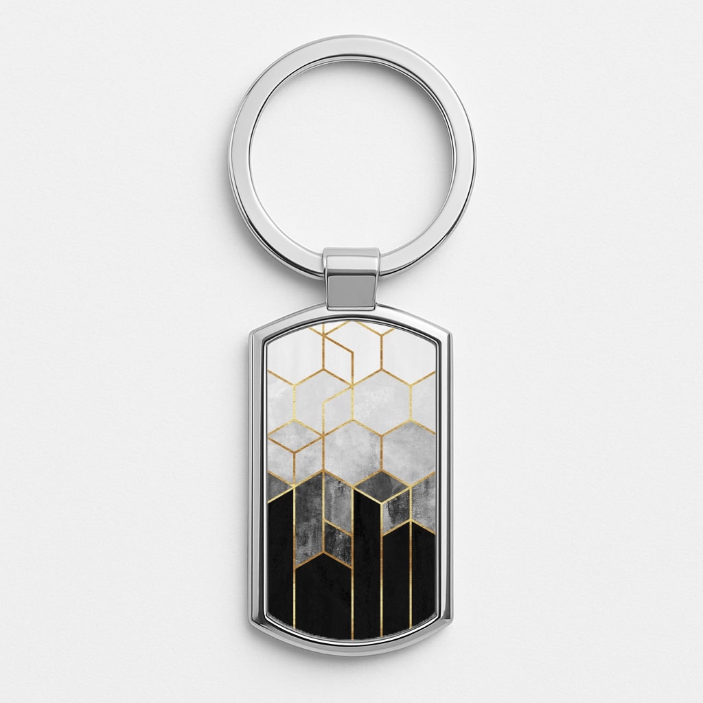 Black White & Gold Honeycomb Pattern Silver Keyring