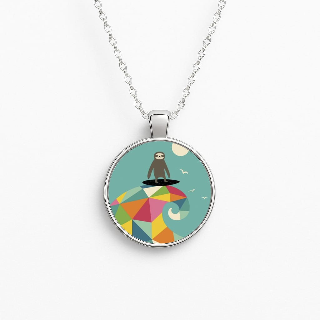 Surfing Sloth Circle Necklace