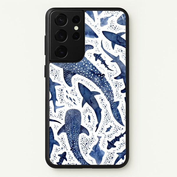 Indigo Watercolour Sharks Phone Case - Galaxy S21 Ultra / Standard