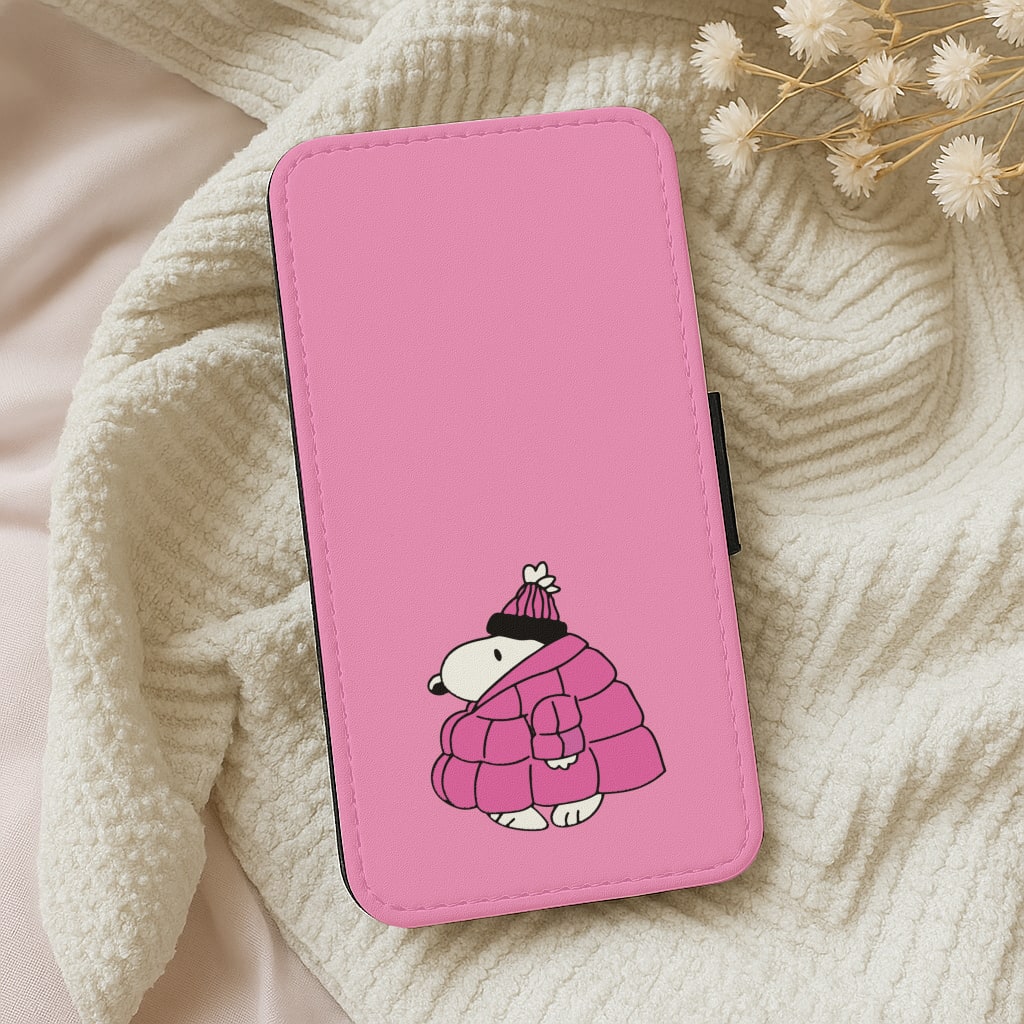 Cartoon Beagle Puffer Jacket Pink Wallet Phone Case