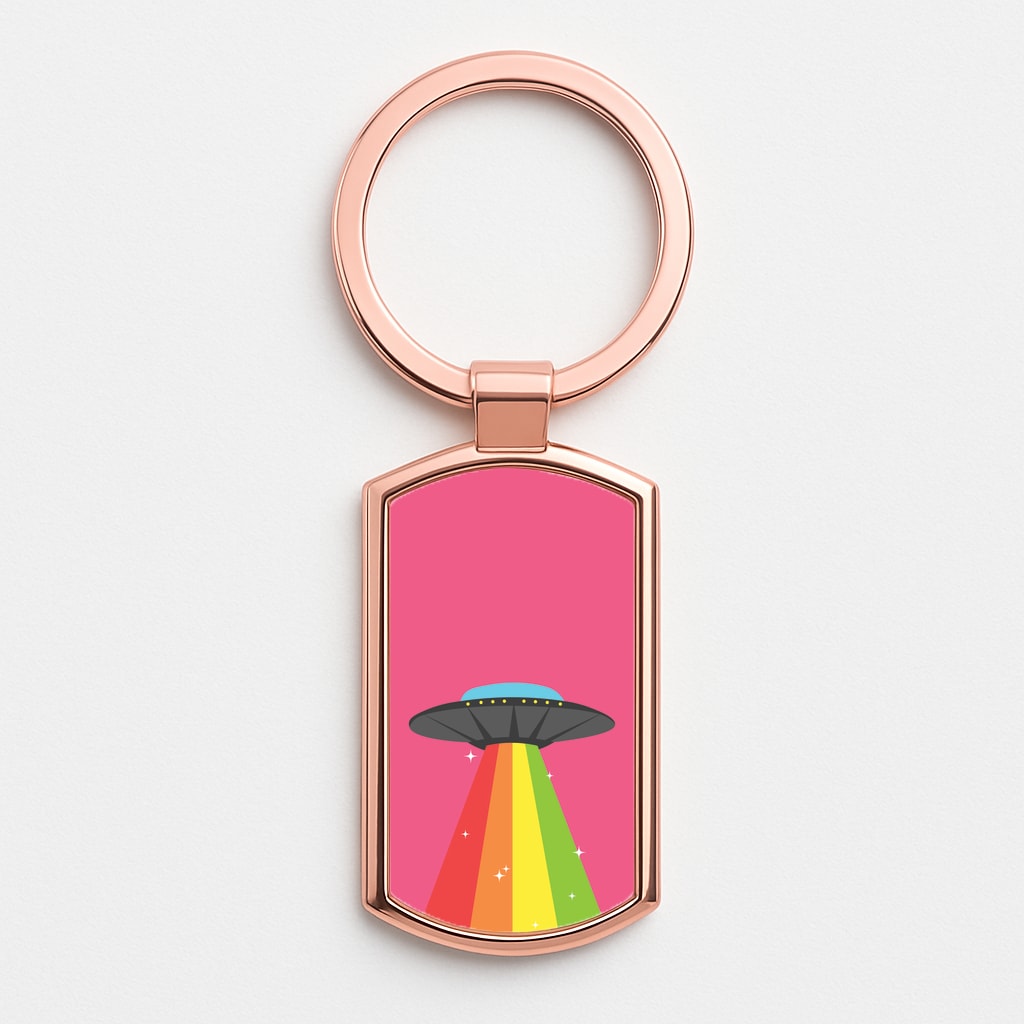 Rainbow Alien Spaceship Rose Gold Keyring
