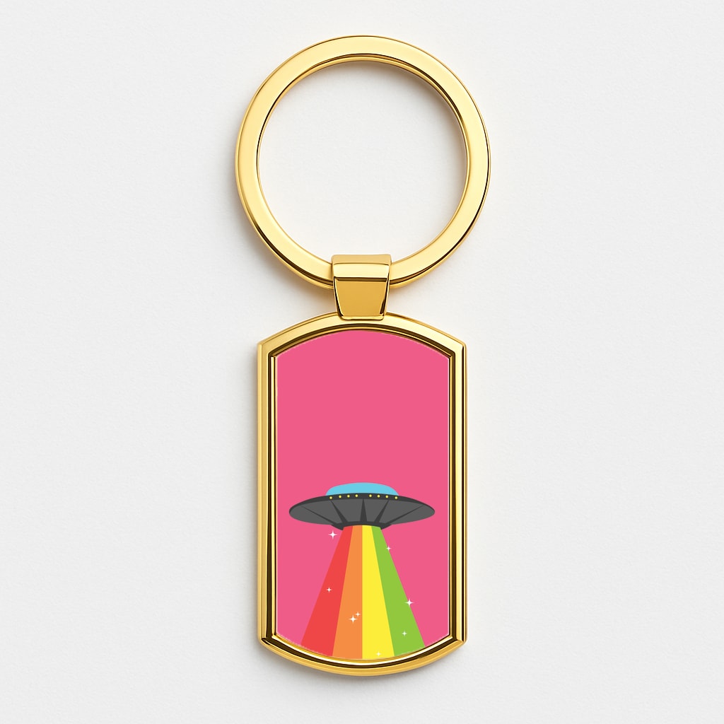 Rainbow Alien Spaceship Gold Keyring