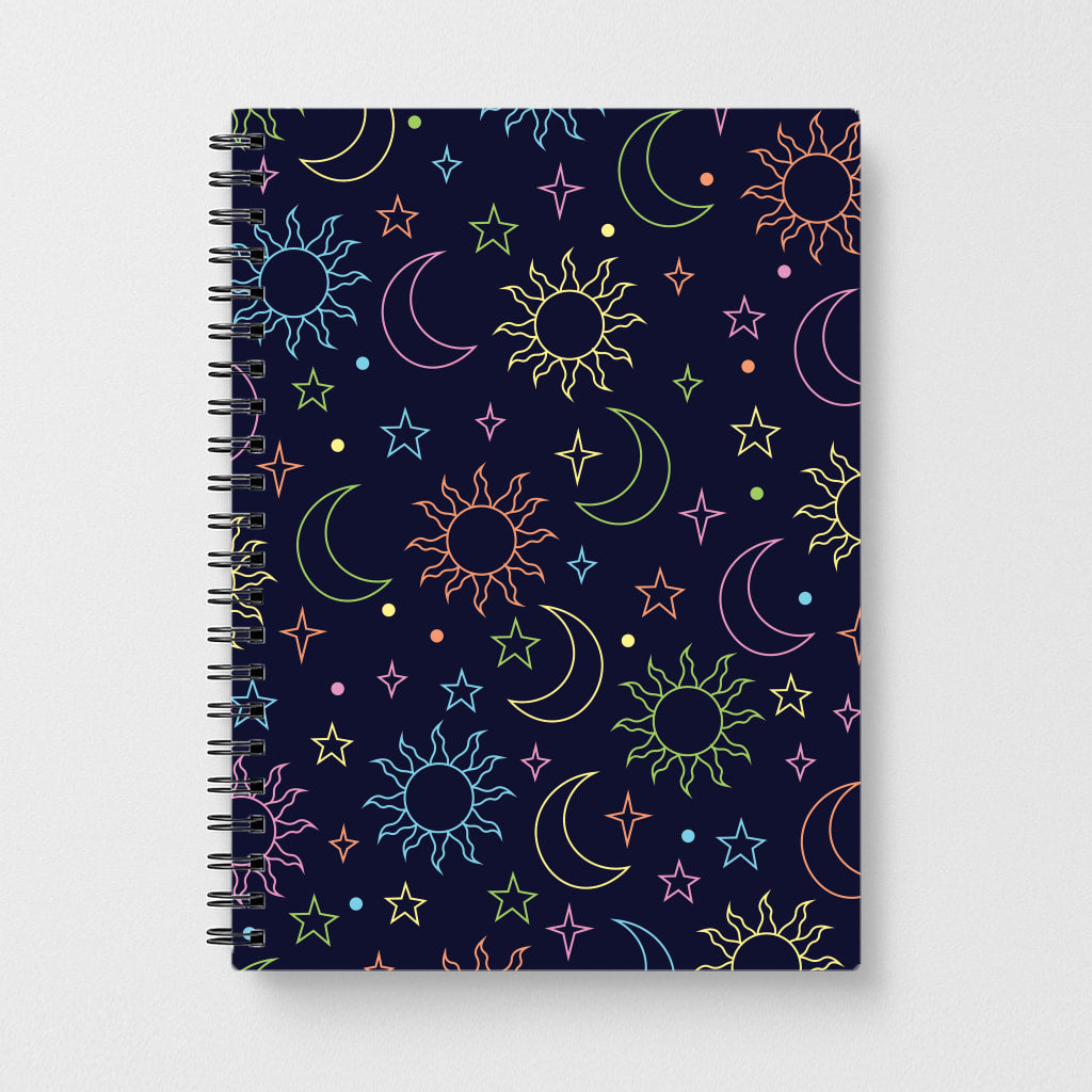 Sun, Moon And Stars Pattern Rainbow Notebook