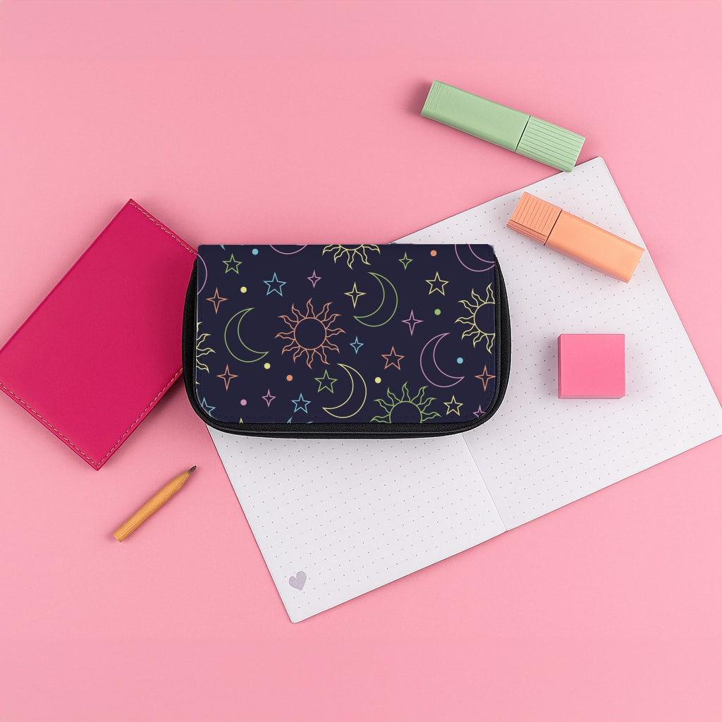 Sun, Moon And Stars Pattern Rainbow Pencil Case