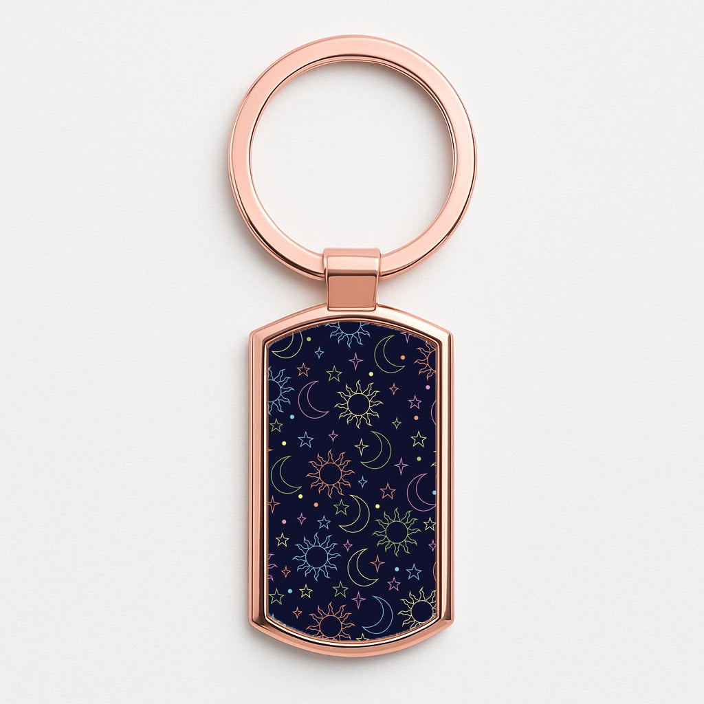 Sun, Moon And Stars Pattern Rainbow Rose Gold Keyring