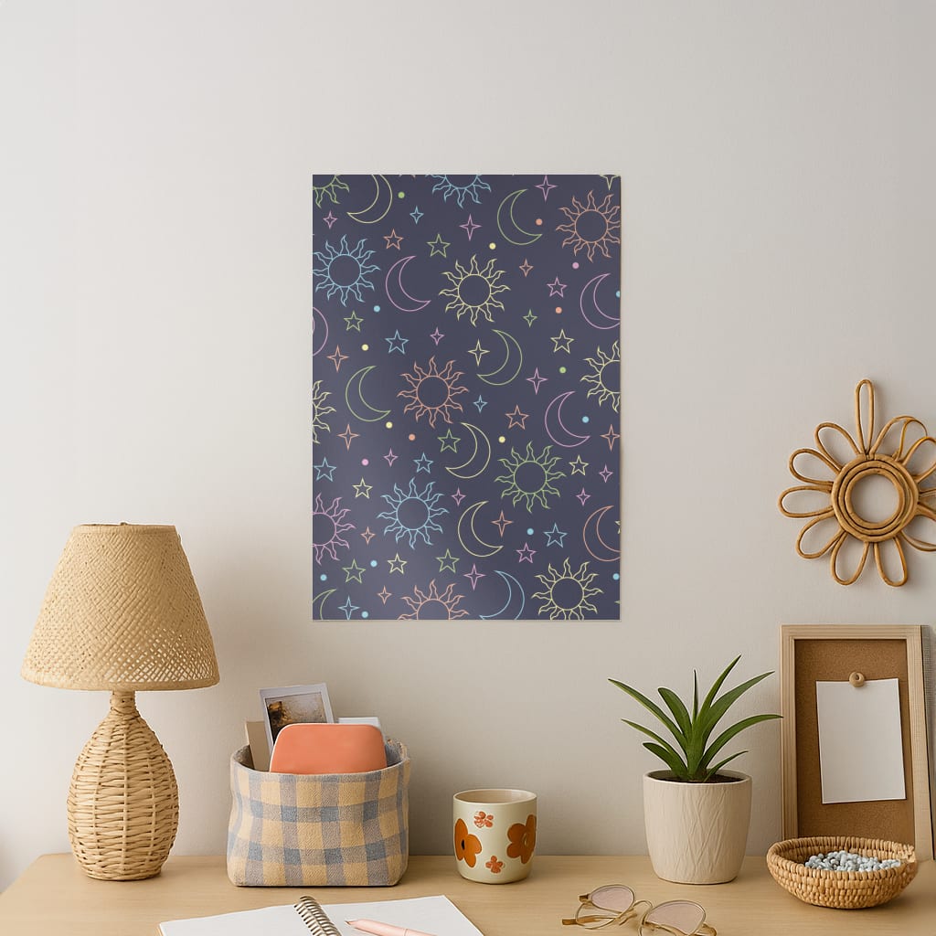 Sun, Moon And Stars Pattern Rainbow Art Print