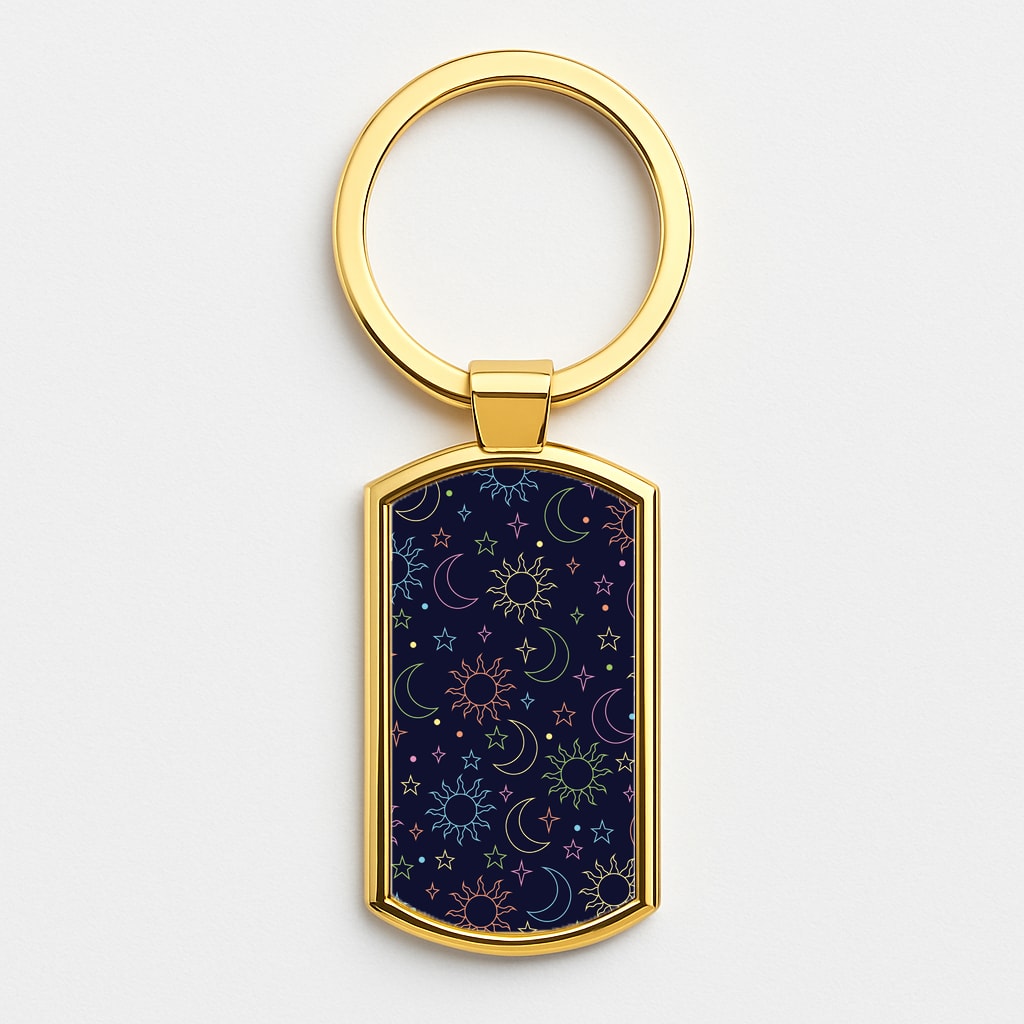 Sun, Moon And Stars Pattern Rainbow Gold Keyring