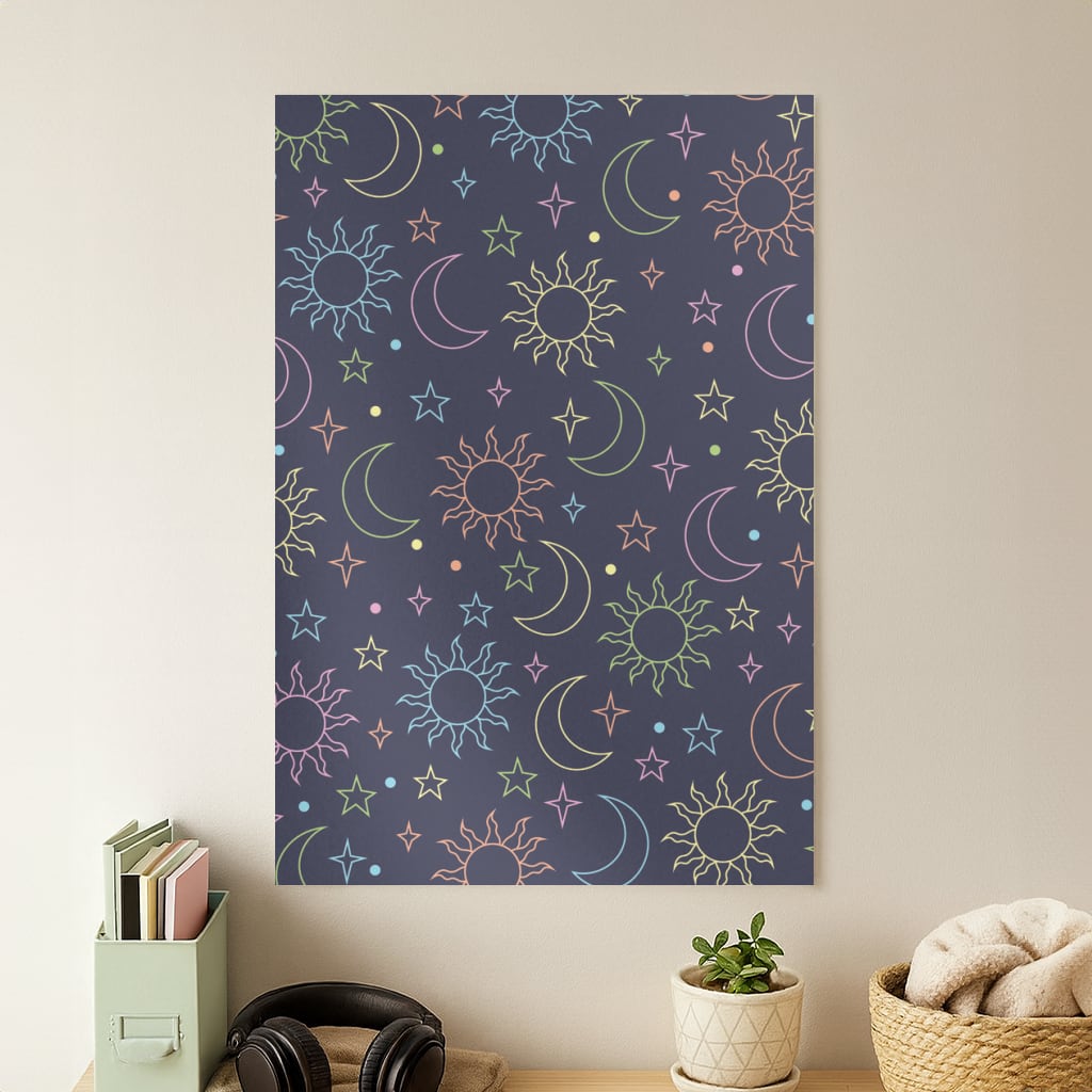 Sun, Moon And Stars Pattern Rainbow Poster