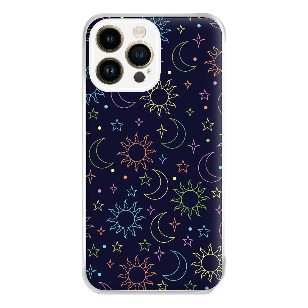 Sun, Moon And Stars Pattern Rainbow Phone Case for iPhone 14 Pro Max