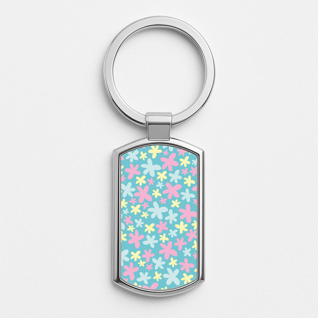 Blue, Pink And Yellow Flowers - Spring Patterns Silver Keyring