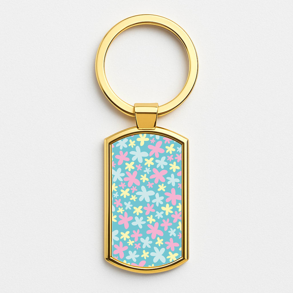 Blue, Pink And Yellow Flowers - Spring Patterns Gold Keyring