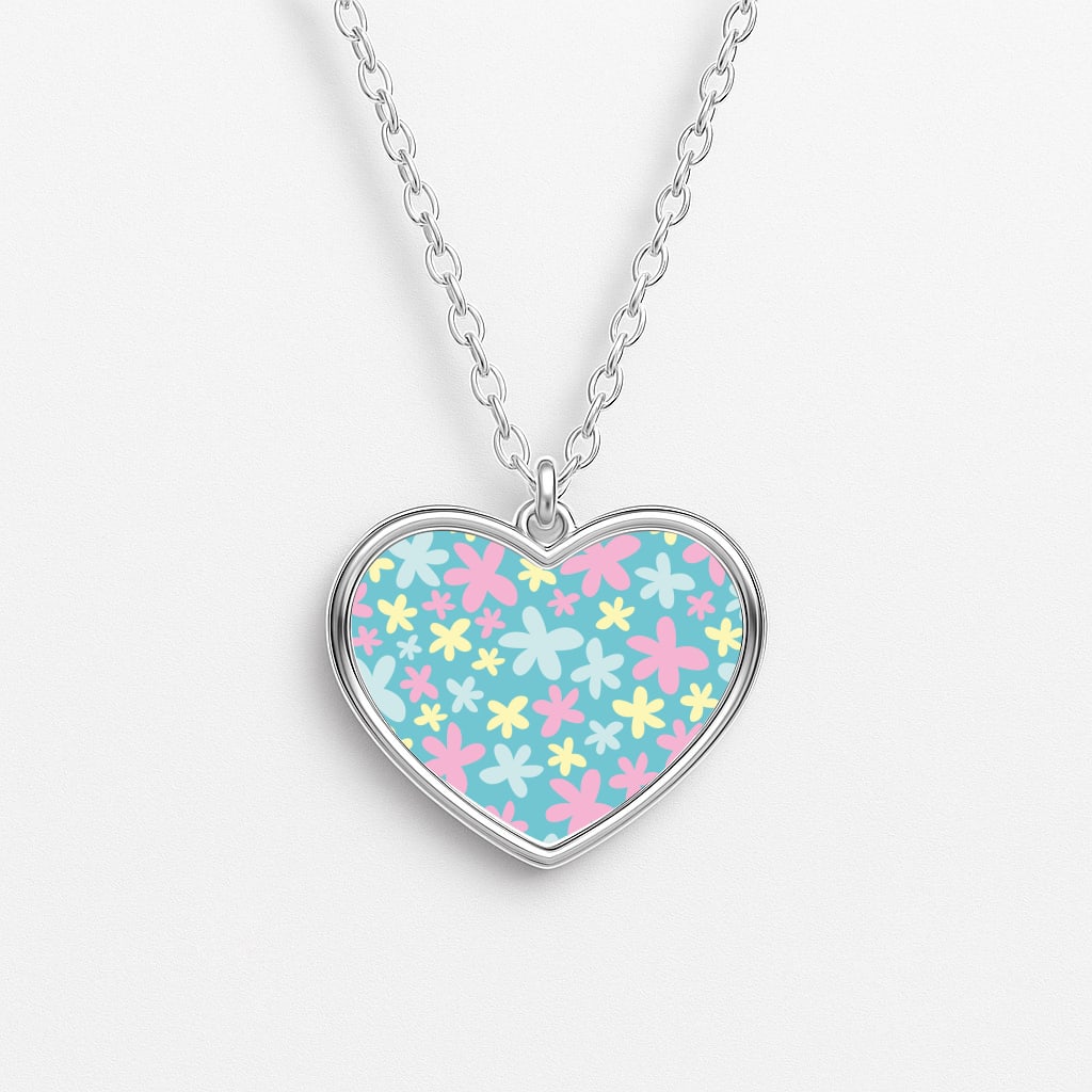 Blue, Pink And Yellow Flowers - Spring Patterns Heart Necklace