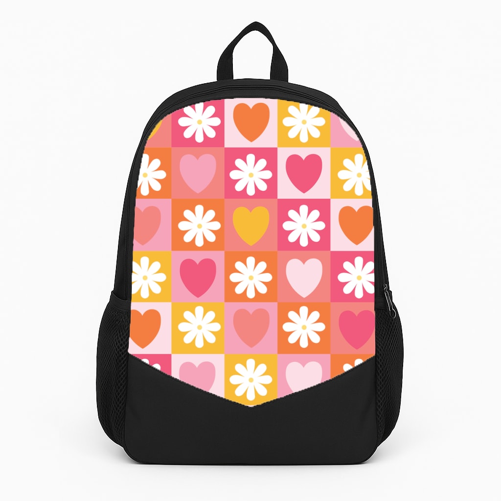 Checked Hearts And Flowers - Spring Patterns Large Backpack