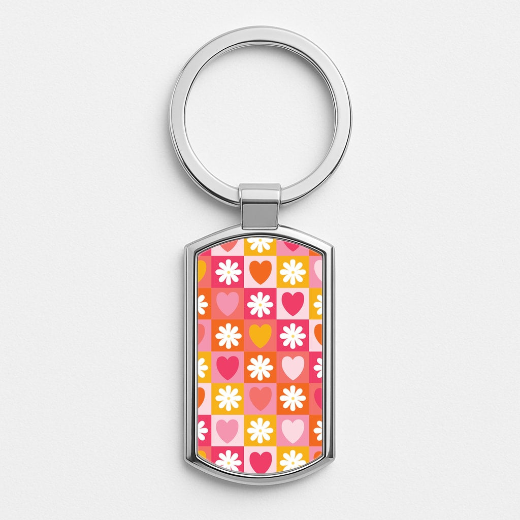 Checked Hearts And Flowers - Spring Patterns Silver Keyring