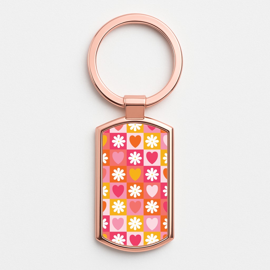 Checked Hearts And Flowers - Spring Patterns Rose Gold Keyring