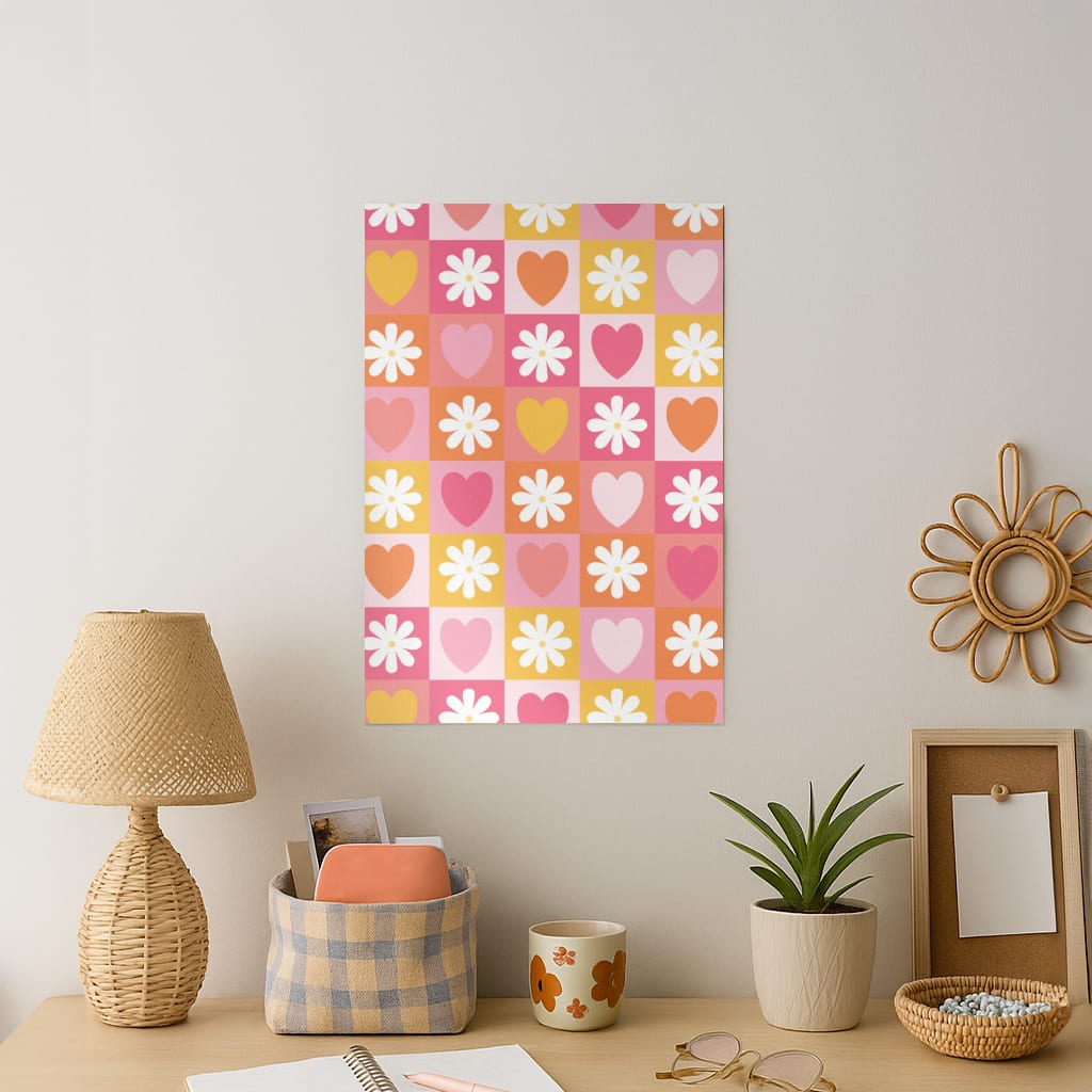 Checked Hearts And Flowers - Spring Patterns Art Print
