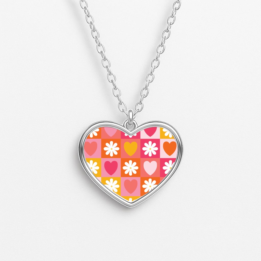 Checked Hearts And Flowers - Spring Patterns Heart Necklace