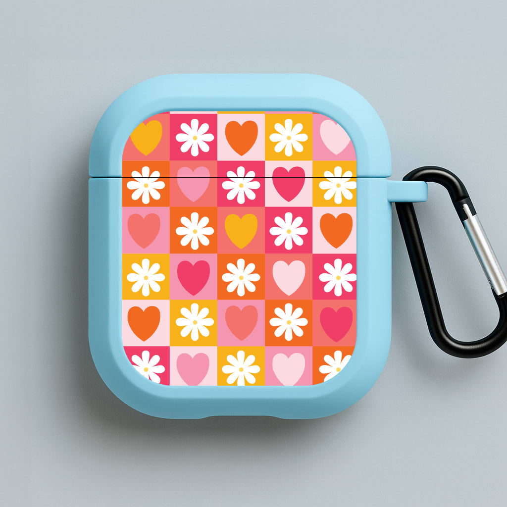 Checked Hearts And Flowers - Spring Patterns Blue AirPods Case