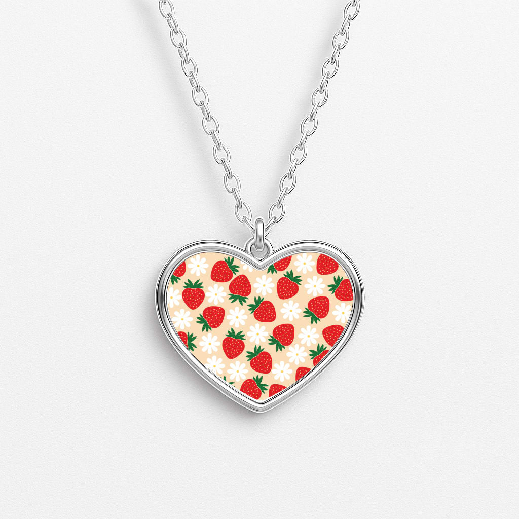 Strawberries and Flowers - Spring Patterns Heart Necklace