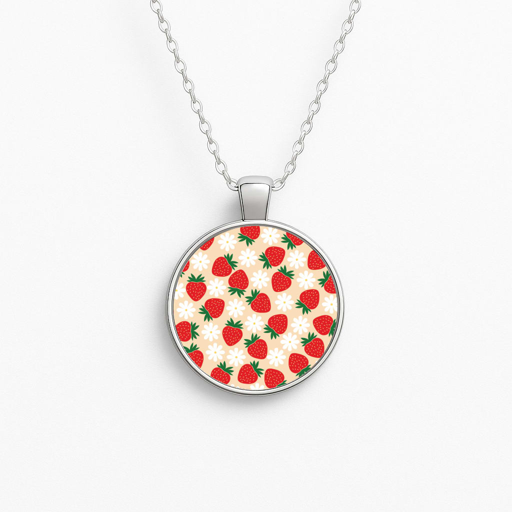 Strawberries and Flowers - Spring Patterns Circle Necklace