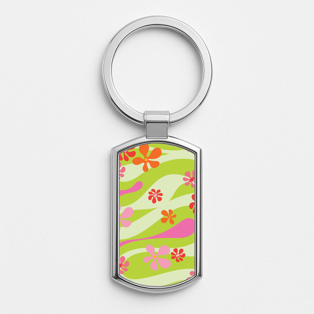 Retro Flowers Pattern Silver Keyring