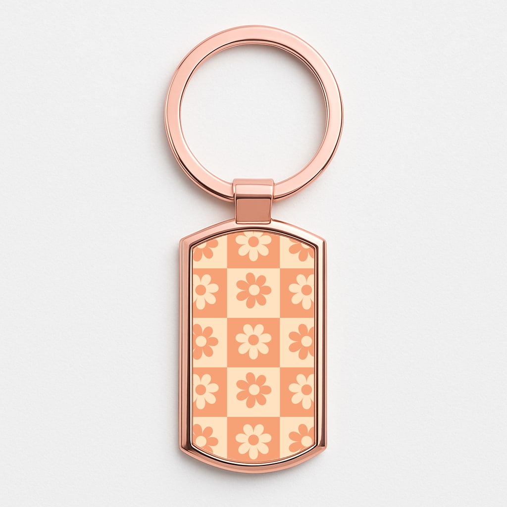 Checkered Flowers Orange Rose Gold Keyring