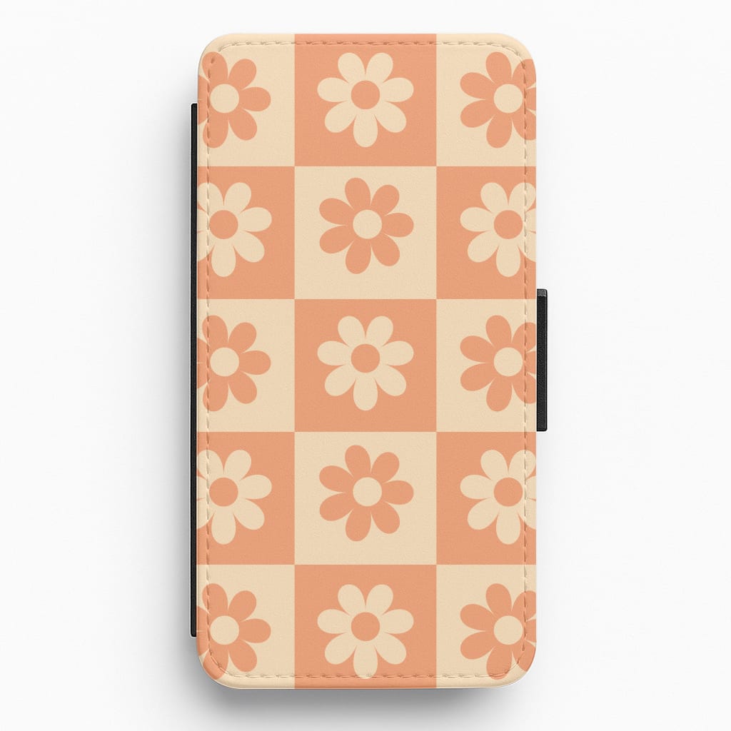 Checkered Flowers Orange Flip / Wallet Phone Case