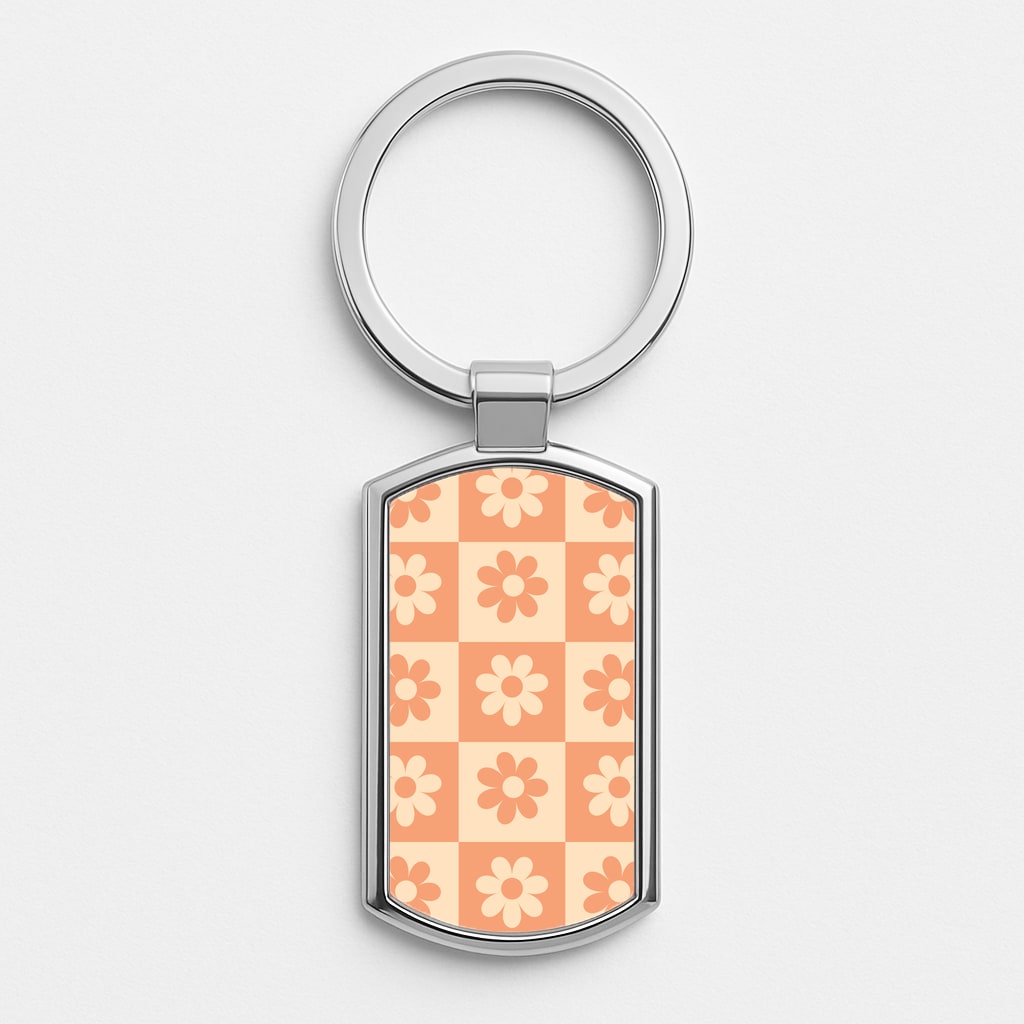 Checkered Flowers Orange Silver Keyring