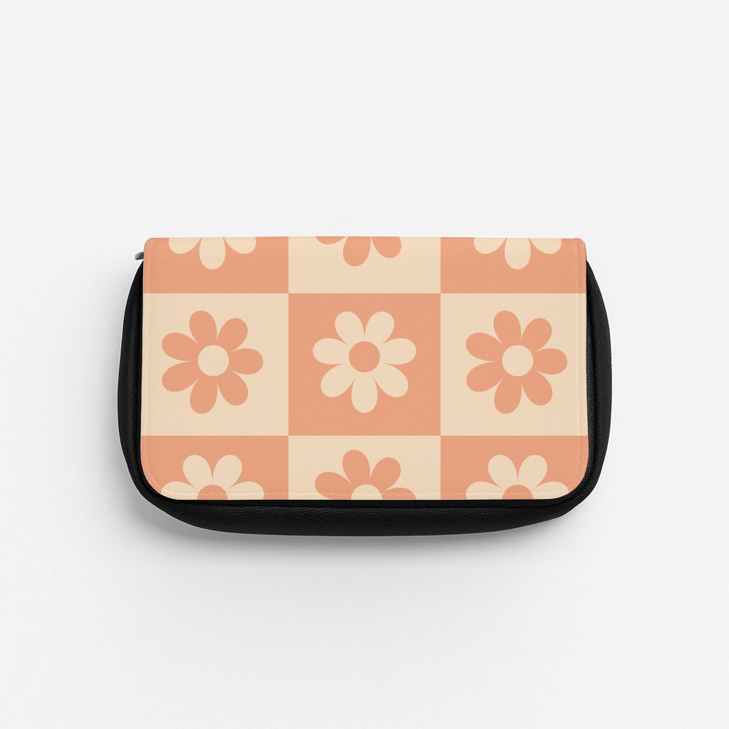 Checkered Flowers Orange Pencil Case