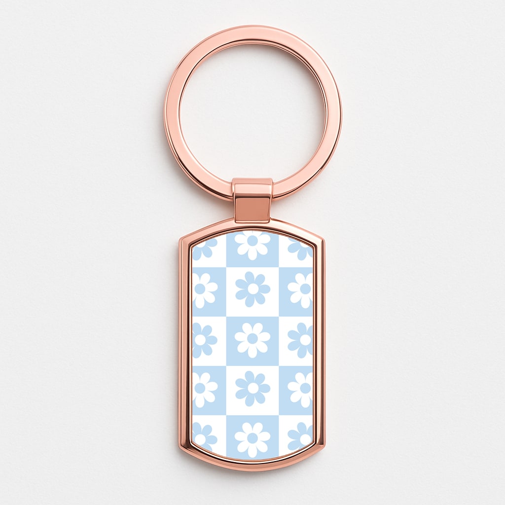 Checkered Flowers Blue Rose Gold Keyring