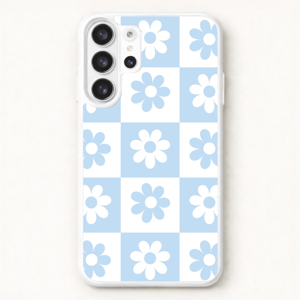 Checkered Flowers Blue Phone Case for Galaxy S26 Ultra