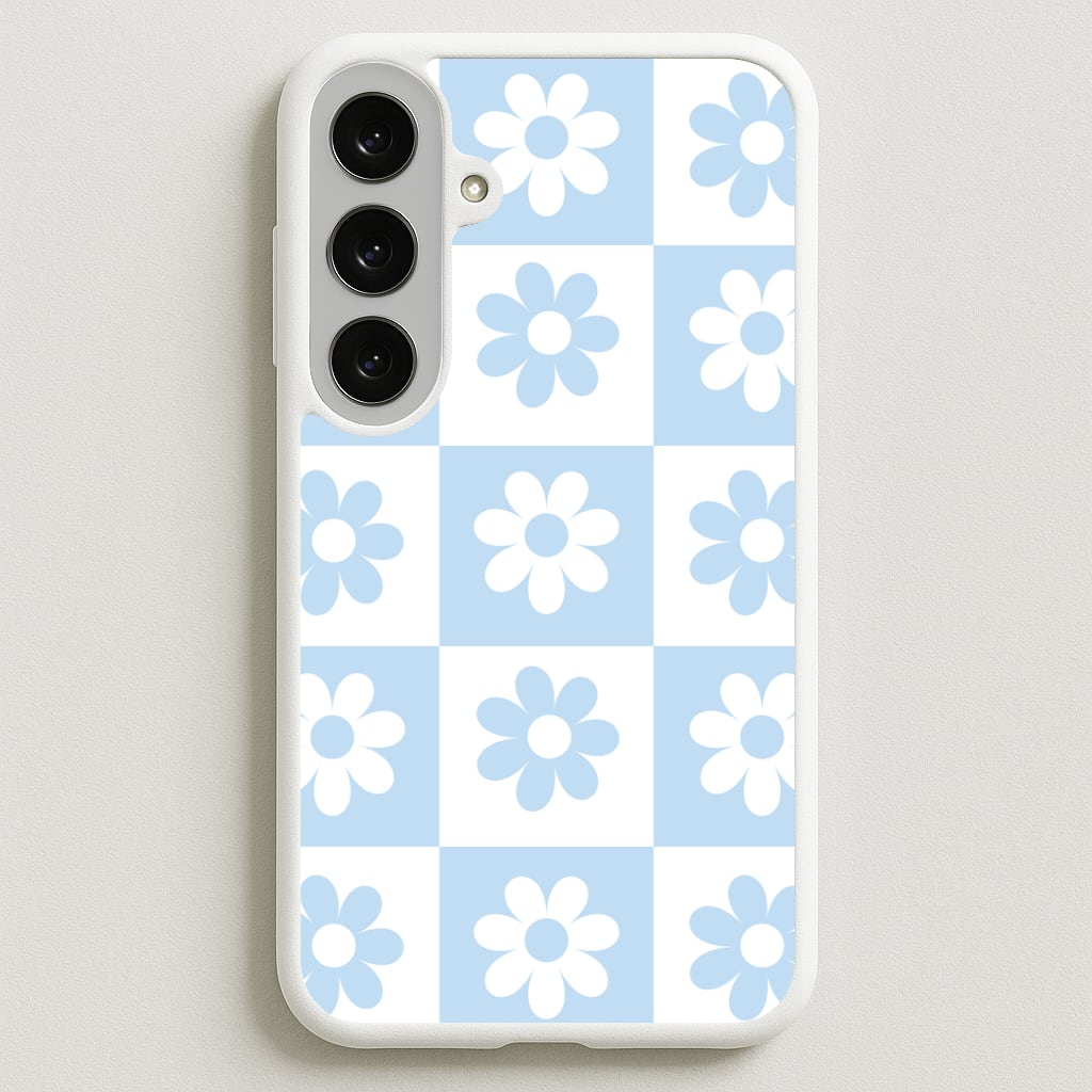 Checkered Flowers Blue Phone Case for Galaxy S25FE