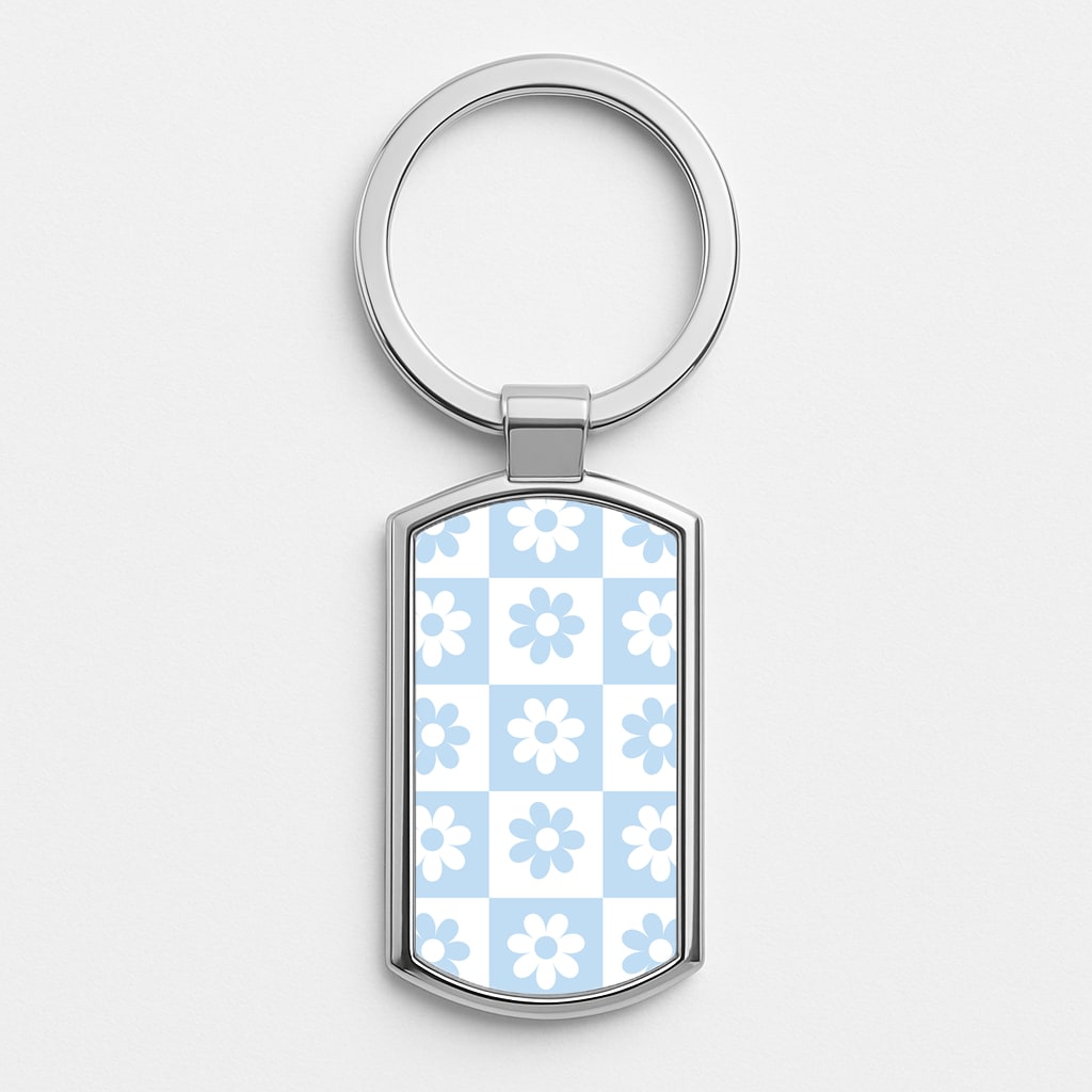 Checkered Flowers Blue Silver Keyring