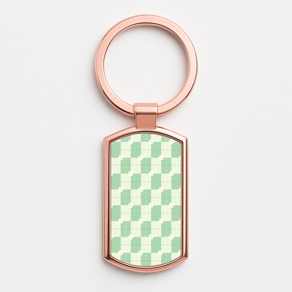 Green Plaid Daisies Rose Gold Keyring