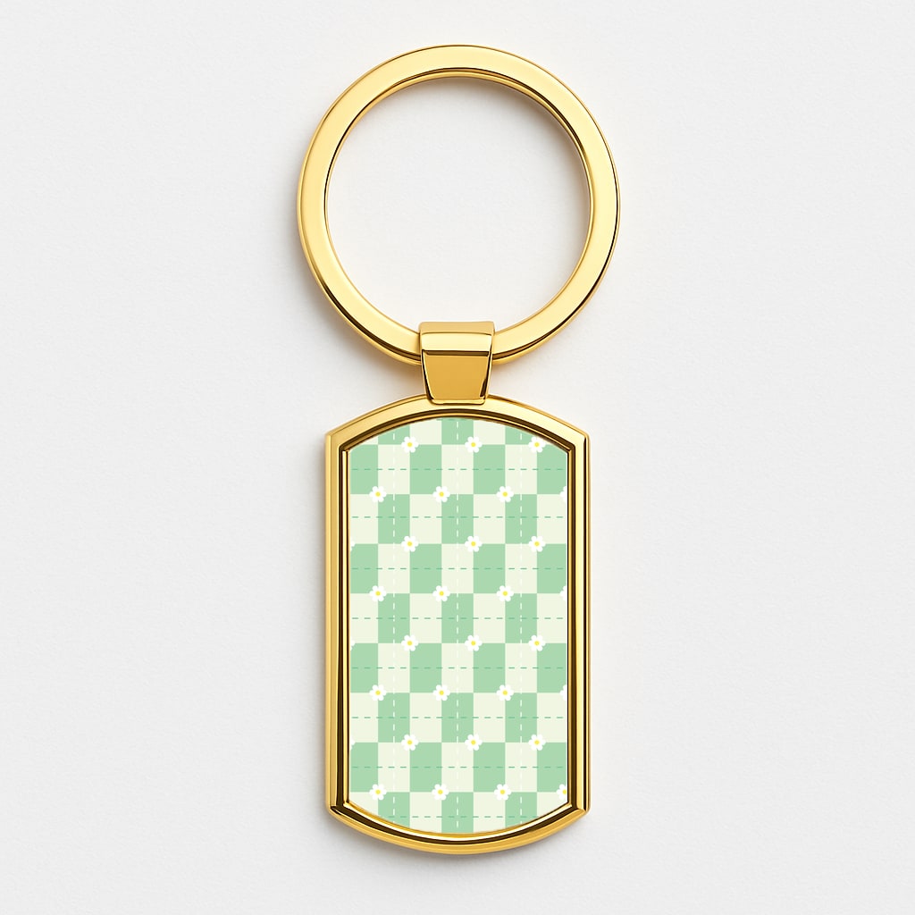 Green Plaid Daisies Gold Keyring