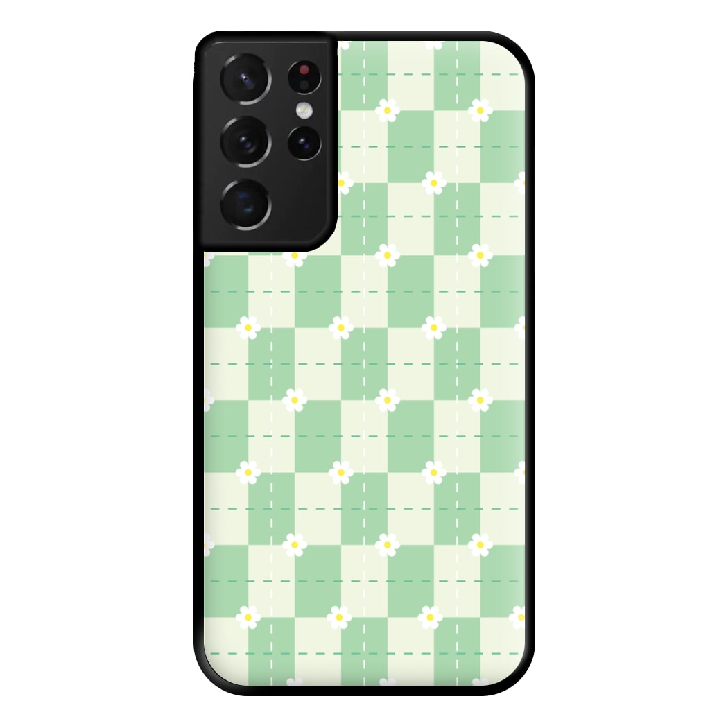 Green Plaid Daisies Phone Case for Galaxy S21 Ultra