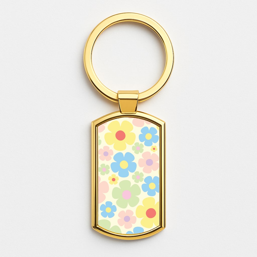 Rainbow Flowers Pattern Gold Keyring