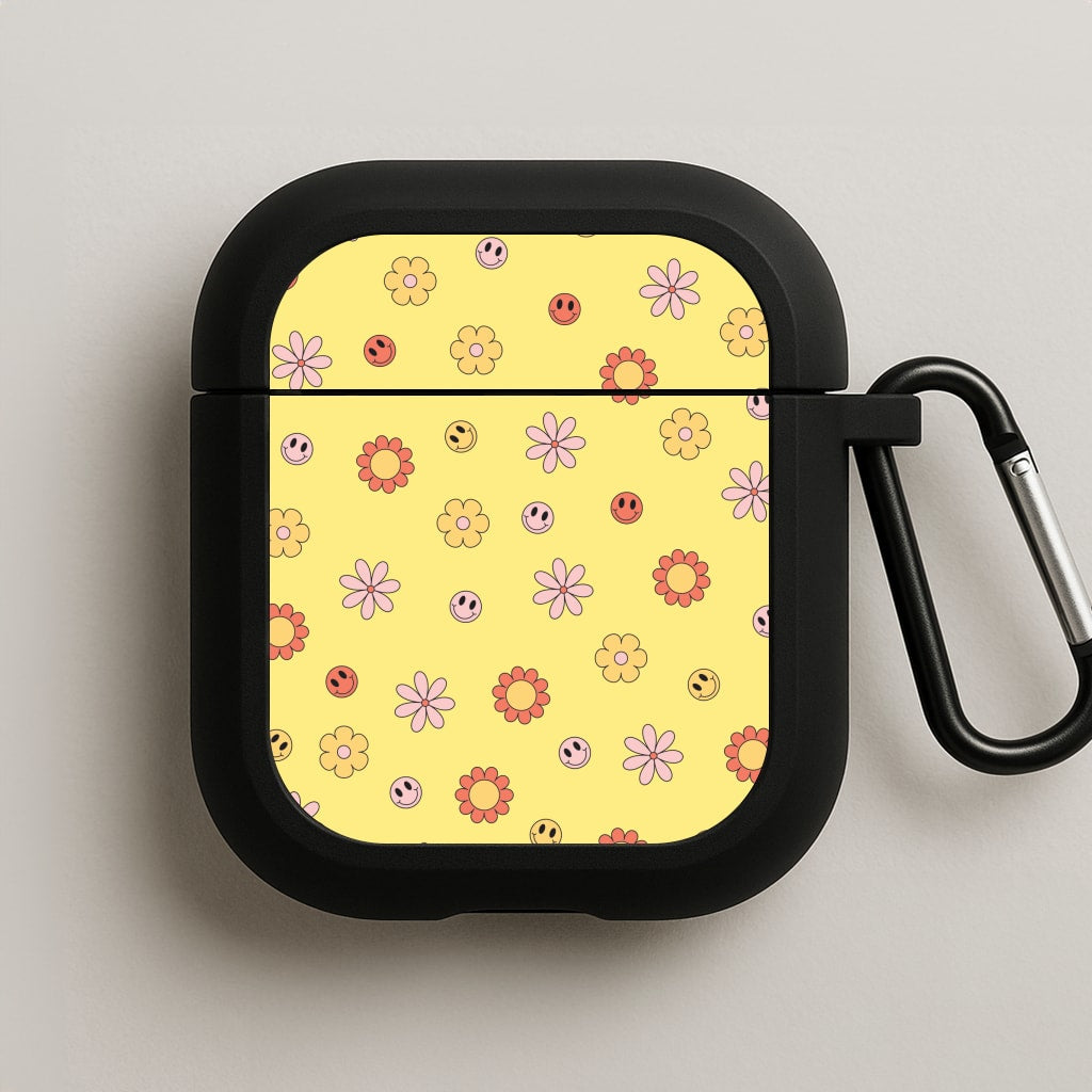 Retro Flowers And Smileys Pattern AirPods Case