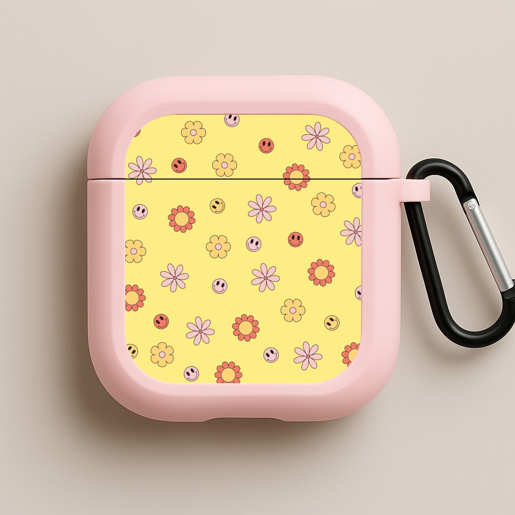 Retro Flowers And Smileys Pattern Pink AirPods Case