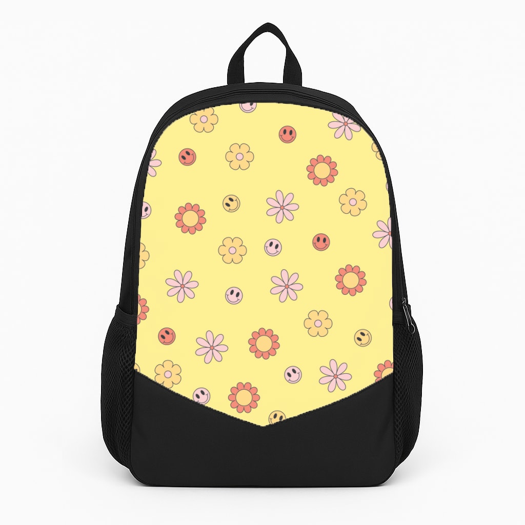 Retro Flowers And Smileys Pattern Large Backpack