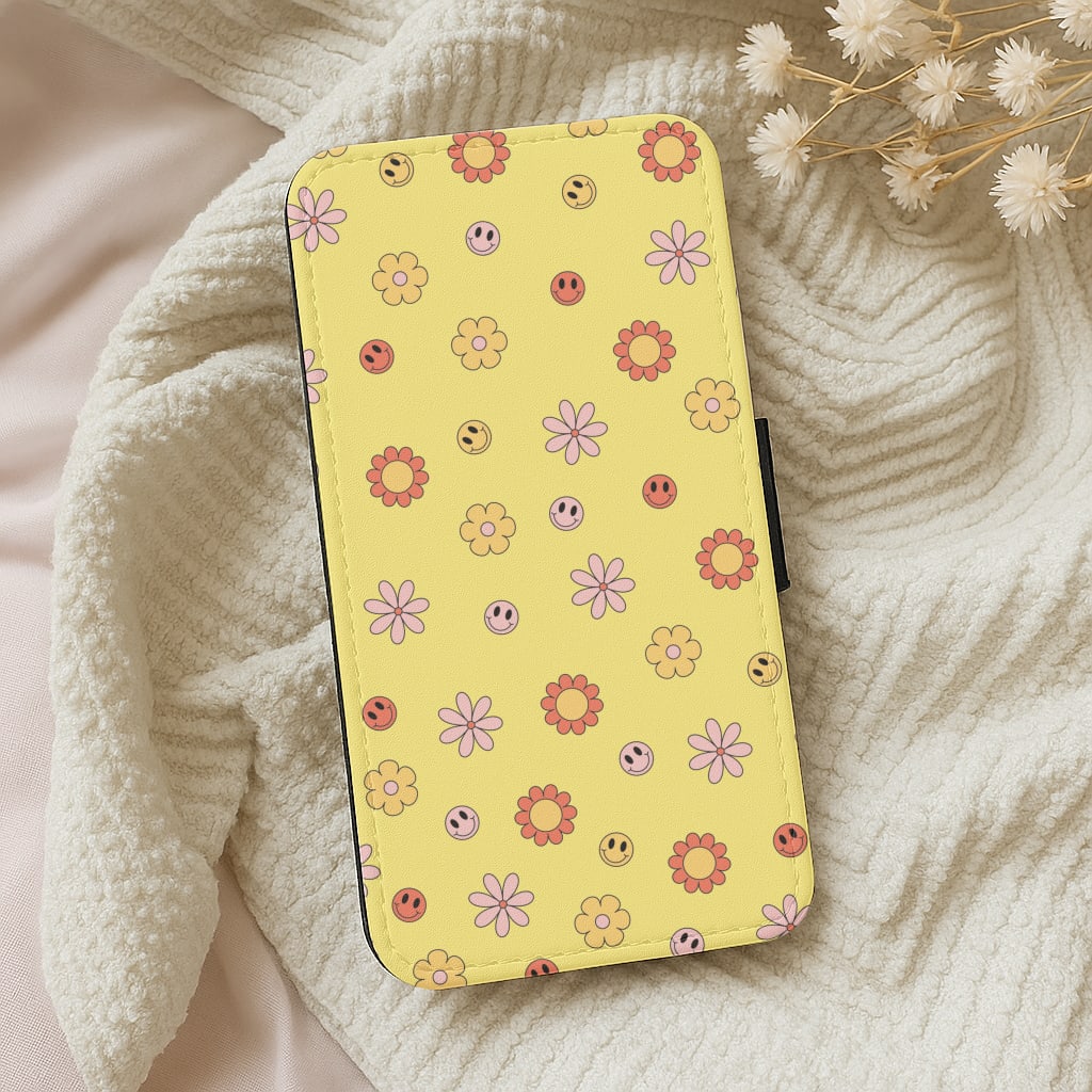 Retro Flowers And Smileys Pattern Wallet Phone Case