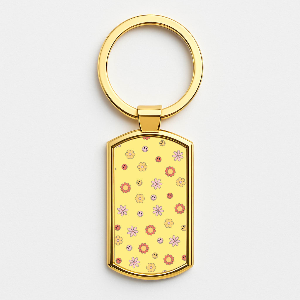 Retro Flowers And Smileys Pattern Gold Keyring