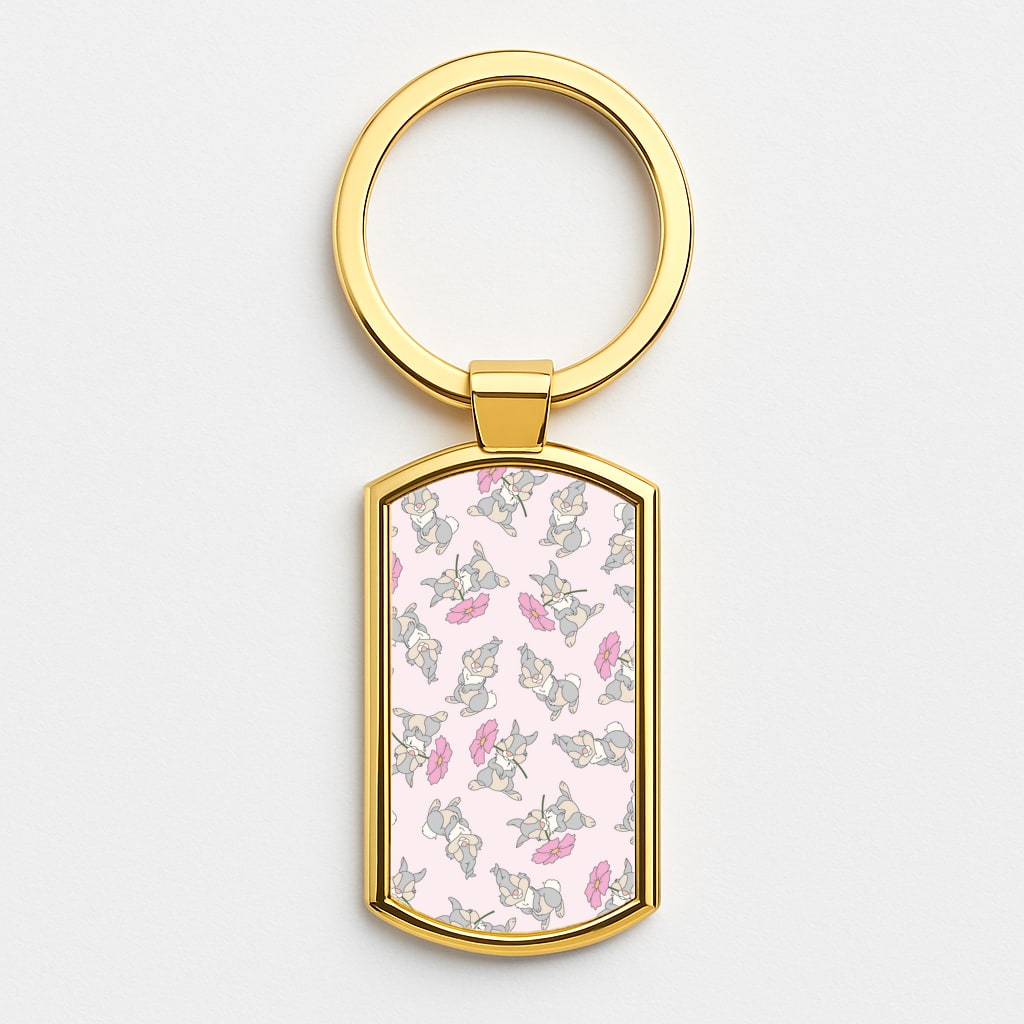 Cute bunny And Flowers Pattern Gold Keyring