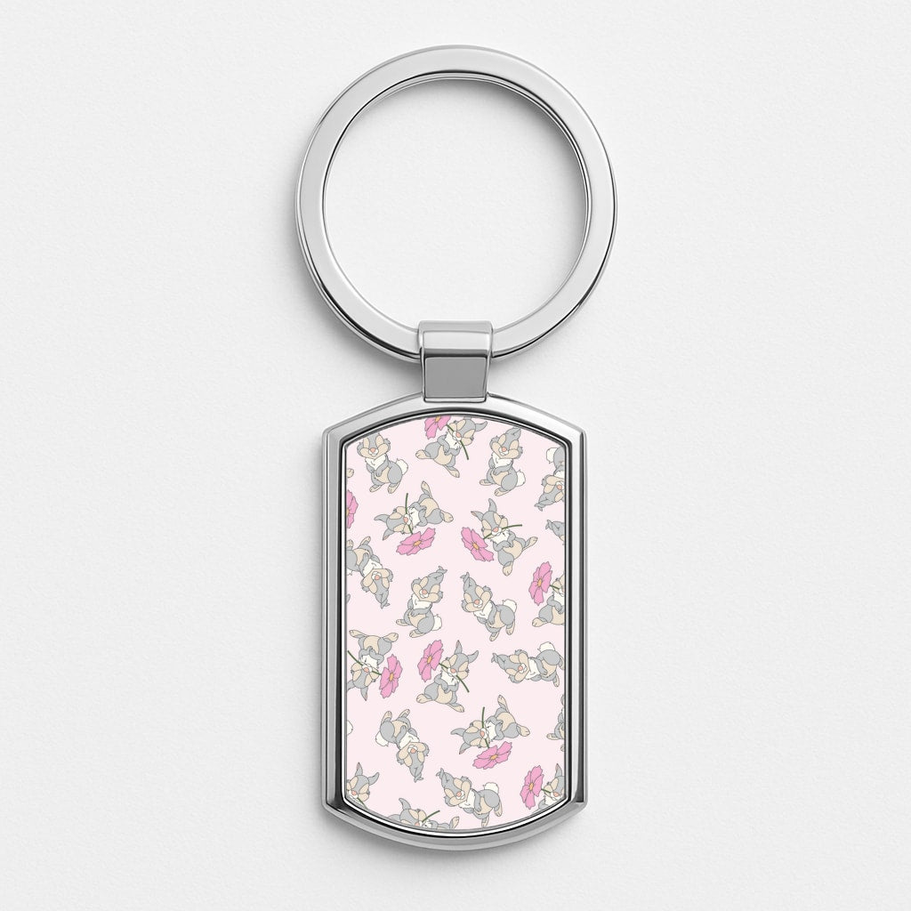 Cute bunny And Flowers Pattern Silver Keyring