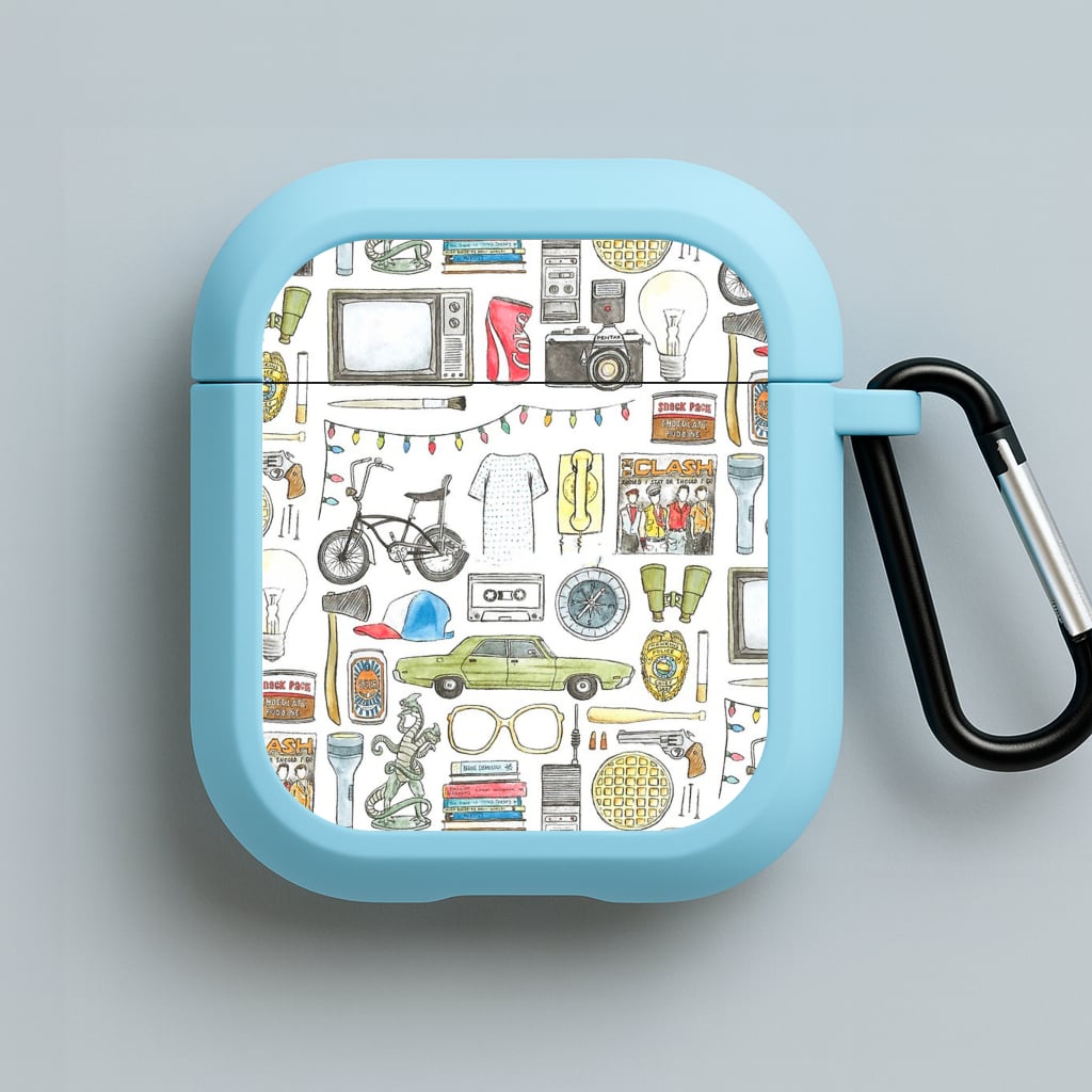 Stranger Objects Illustration Blue AirPods Case