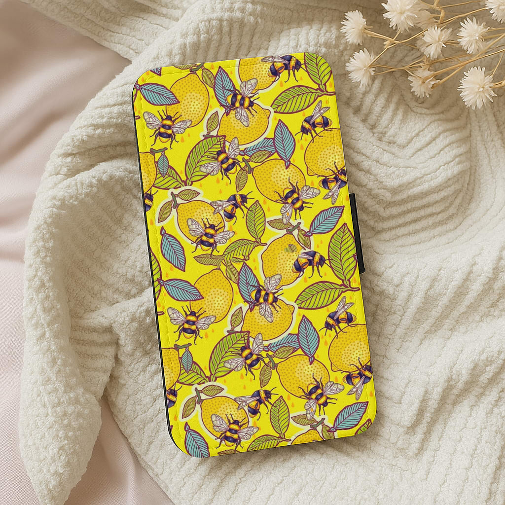 Yellow Lemon and Bee Flip Wallet Phone Case