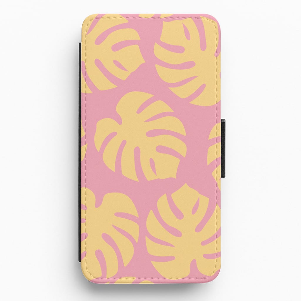 Pink And Yellow Summer Leaves Pattern Flip / Wallet Phone Case